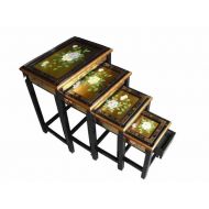 Gold Leaf Floral Nest Of Tables w/Glass 