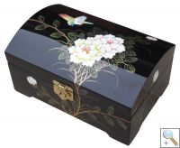 Black Lacquer Jewellery Box with Chinese Lock, Bird & Flower