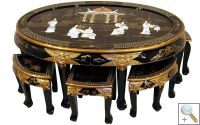 Mother of Pearl Lacquer Oval Coffee Table with 6 Stools & Glass