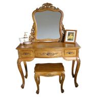 Handcarved Dressing Table with Mirror & Stool